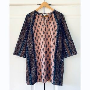 J. Jill Tunic Cotton Linen Block Print Floral Shift Split Neck 3/4 Sleeve Size M